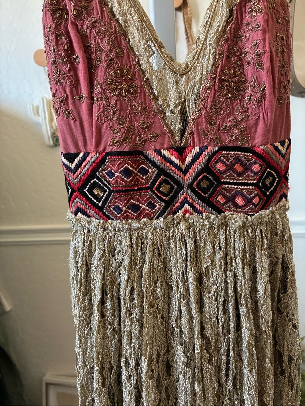 $420 FREE PEOPLE Sz 6 CRUSHED GOLD PARTY EMBELLISHED DRESS BLACKENED GOLD Boho - Picture 7 of 9
